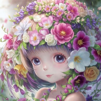 The primary subject of the image is a young girl with a flower crown on her head. She is wearing a dress and has a smiling expression. The setting is a garden, with a variety of flowers surrounding her. The visual style is a digital art illustration, featuring a vibrant color palette and a whimsical atmosphere.